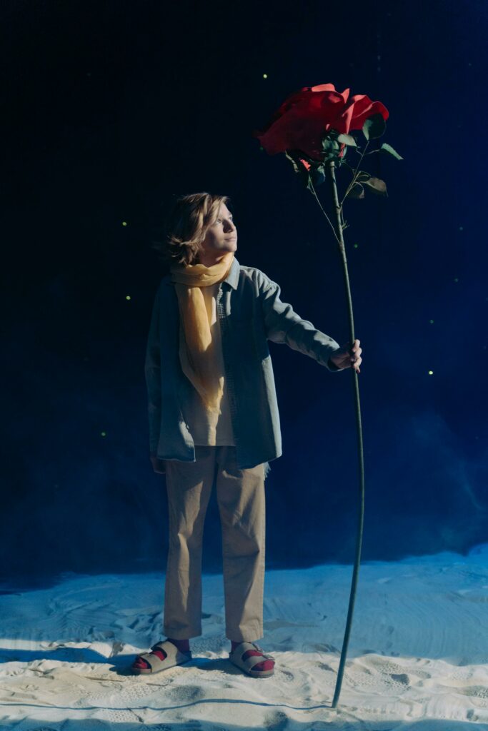 A young boy holding a giant red rose under a starry night sky, evoking imagination and wonder.