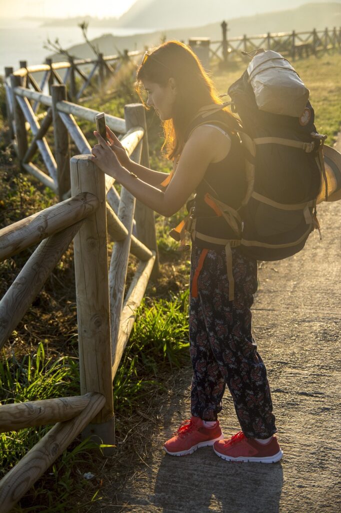 tourist, woman, nature, backpack, the coast, ocean, the camino de santiago de compostela, trail, girl, adventure, landscape, trekking, backpacker, sunrise