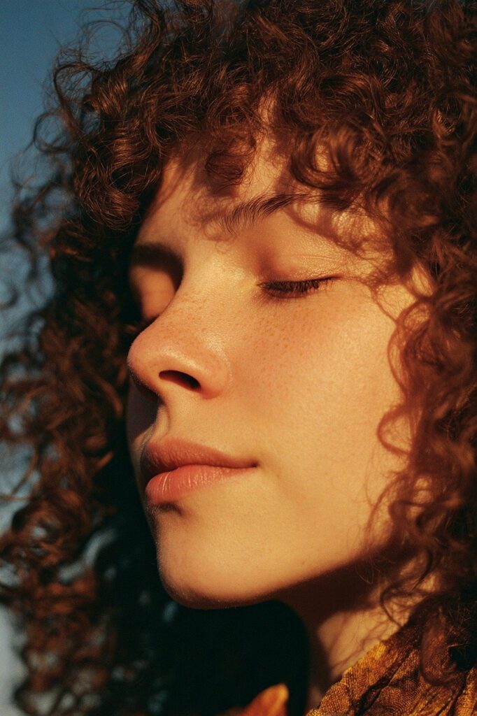 woman, face, portrait, close-eye, sun, nature, sunlight, sunshine