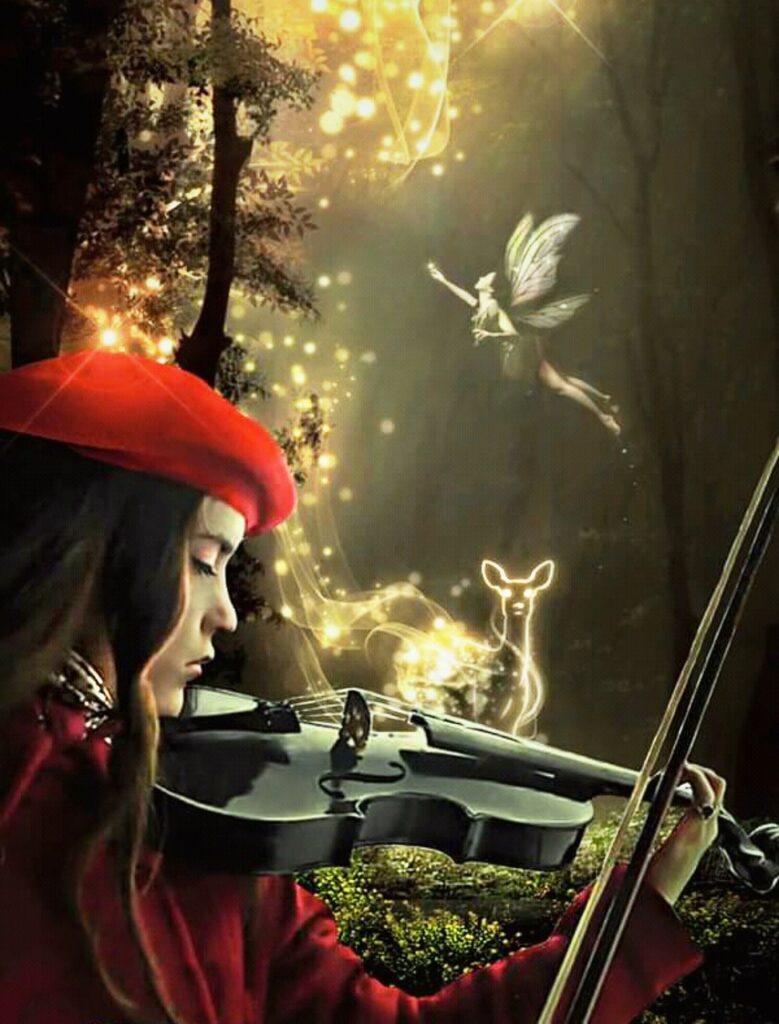 fantasy, girl, violin, playing, musical instrument, nature, fairy, lights, trees, forest, magical, mystical, deer, wilderness