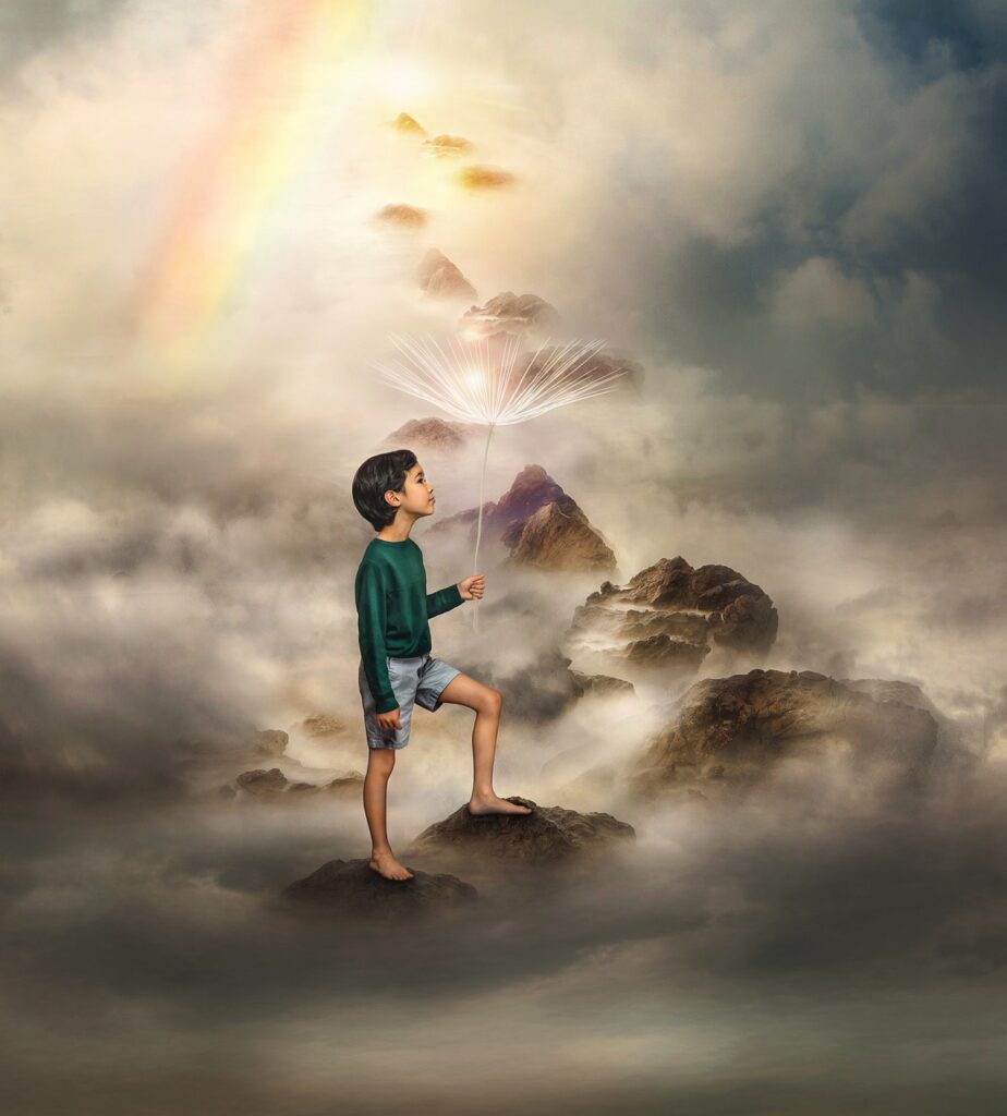 boy, dandelion, clouds, rainbow, rocks, nature, heaven, path, fantasy, pathway, sky