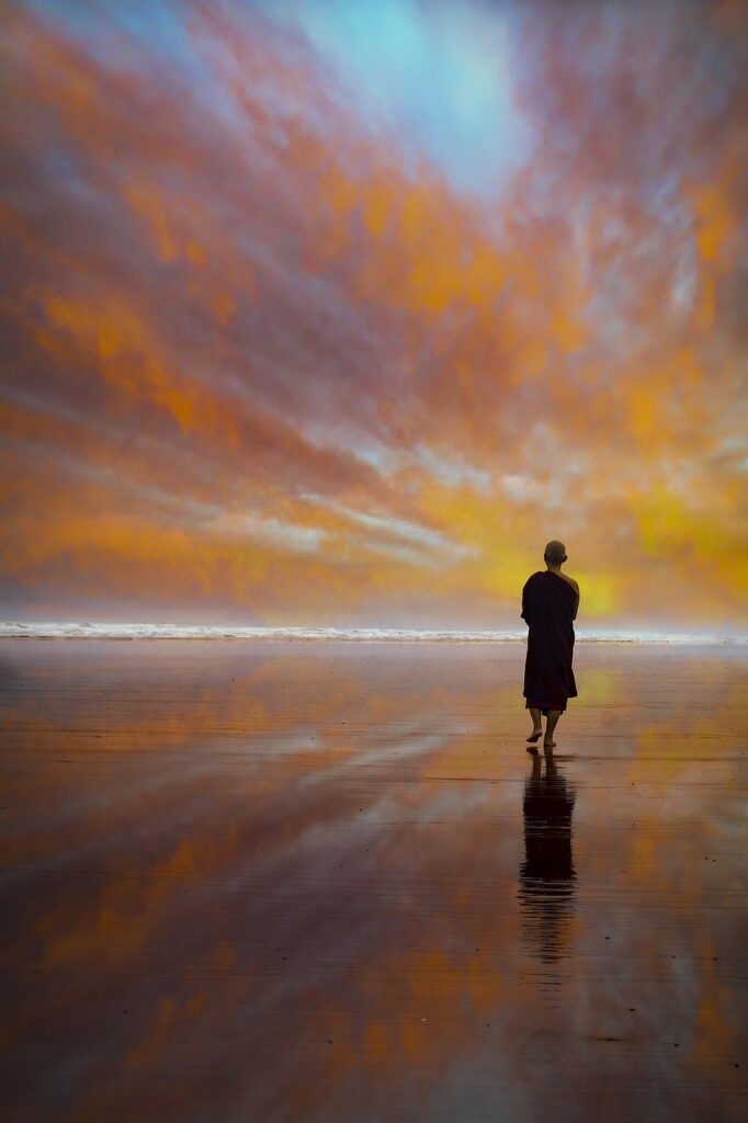 beach, reflection, dusk, monk, theravada, landscape, coast, peaceful, clouds, nature, horizon, sky mirror, sematan, sarawak, brown peace, brown mirror