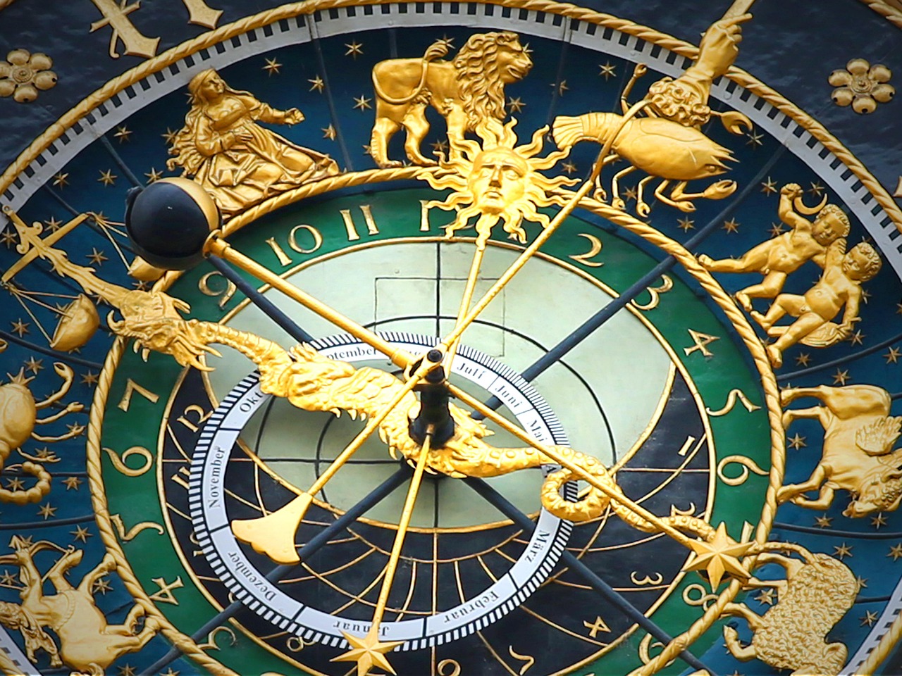 astronomical clock, clock, time, date, day, month, year, zodiac, zodiac ring, isaak right, moon phases, ulm, town hall, watchmaking, watchmaker, dial, pointer, time display, seasons, macro, close up, golden, gold, zodiac, zodiac, zodiac, zodiac, zodiac