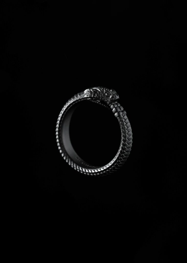 Close-up of a handmade snake ouroboros ring, showcasing intricate metalwork and design on a black background.