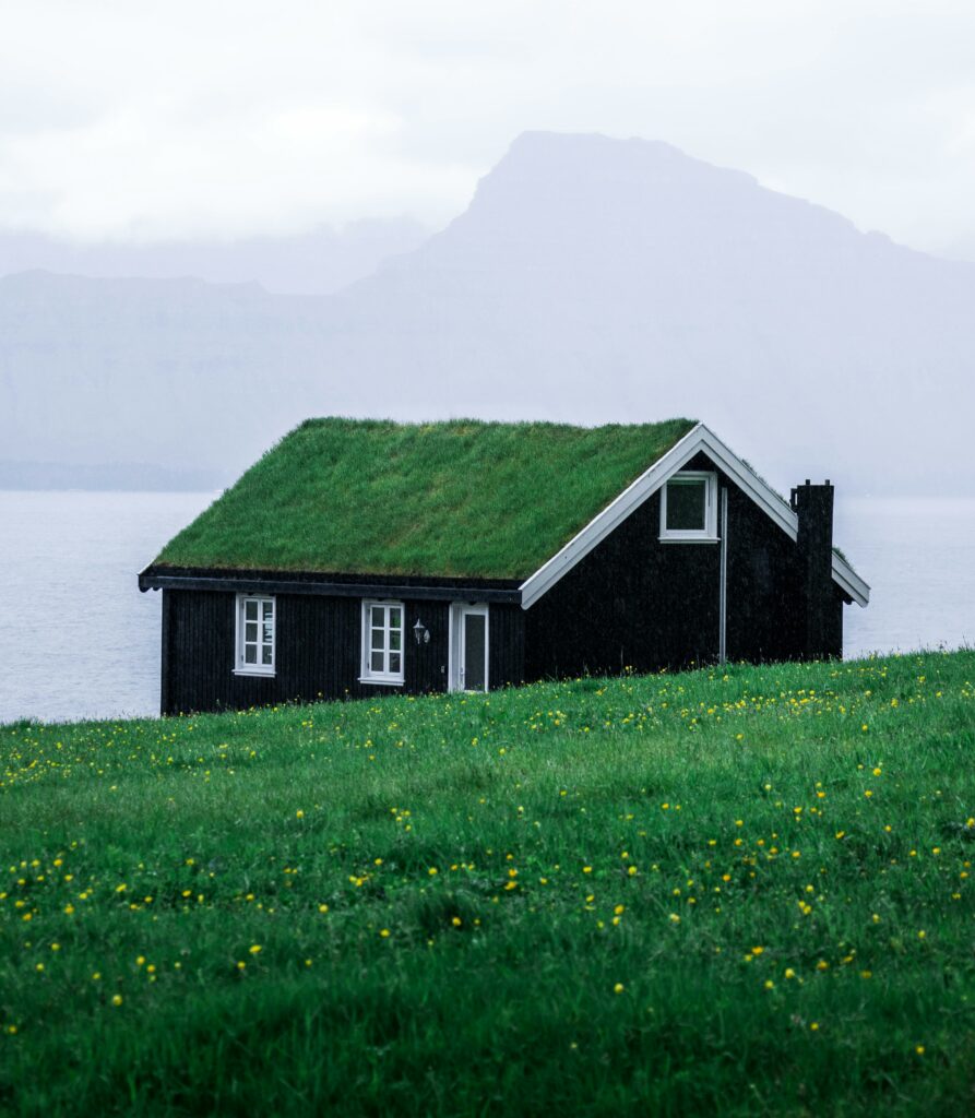 Charming black wooden house with a grass roof in the tranquil Faroe Islands landscape.