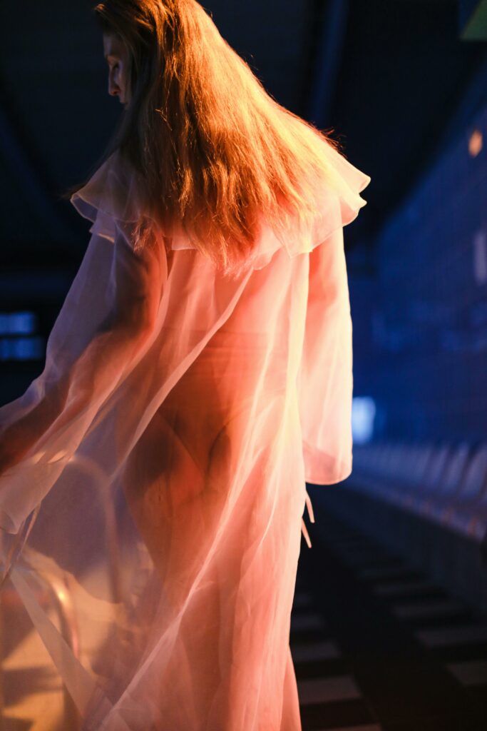 Artistic shot of a woman enveloped in a sheer flowing gown.