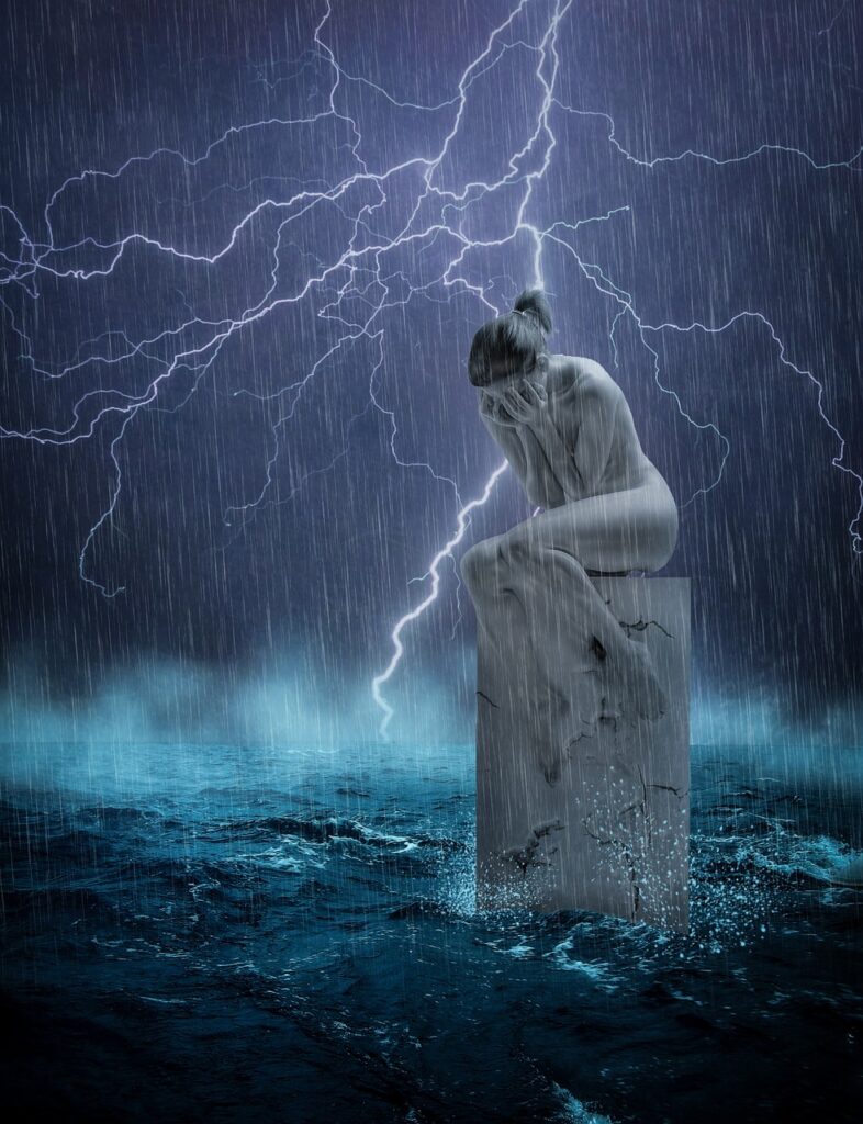 water, people, nature, lightning, storm, woman, blue storm, blue lightning