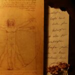 Close-up of da Vinci's Vitruvian Man with handwritten notes and dried flowers. Ritual Omul Vitruvian TotUna 16
