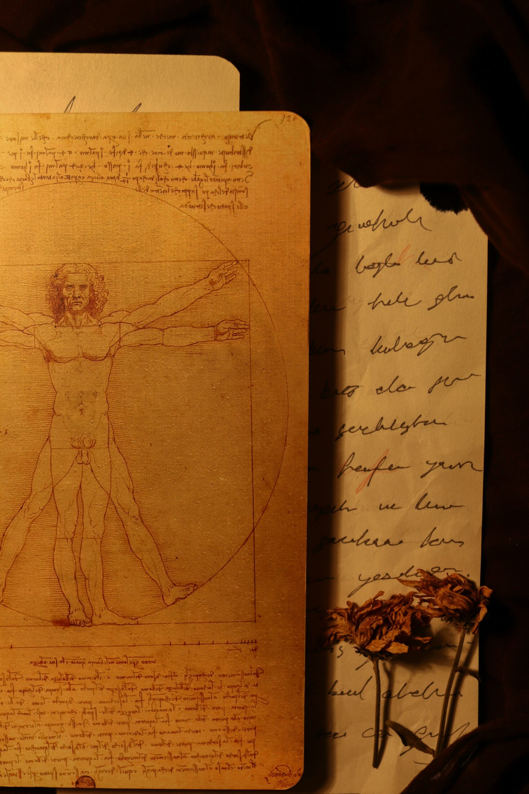 Close-up of da Vinci's Vitruvian Man with handwritten notes and dried flowers.