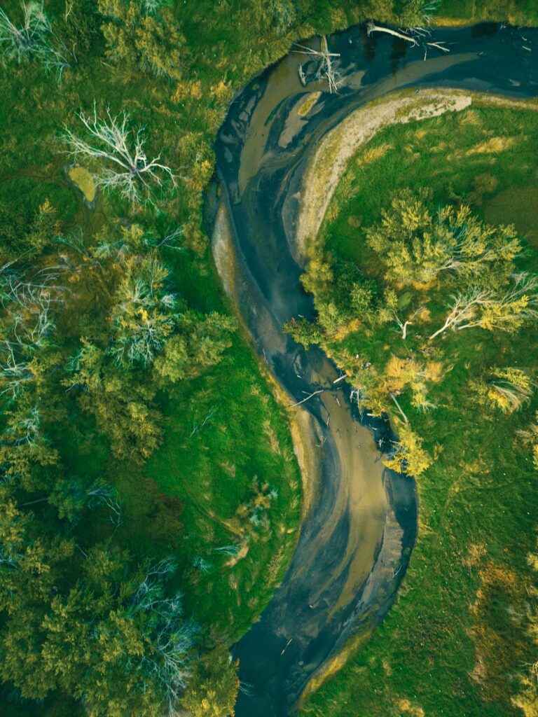 A stunning aerial view showcasing a meandering river flowing through lush greenery in Minnesota.
