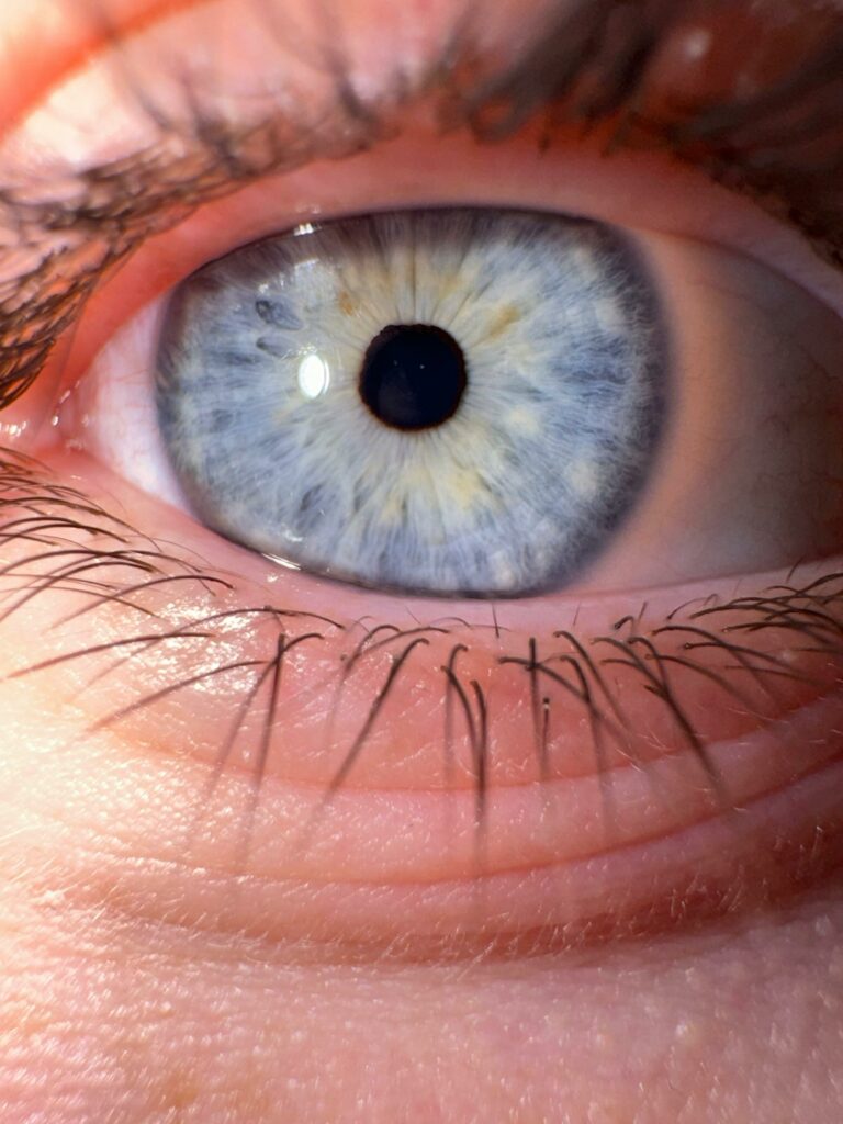 High-resolution macro shot of a human blue eye showing detailed iris patterns.