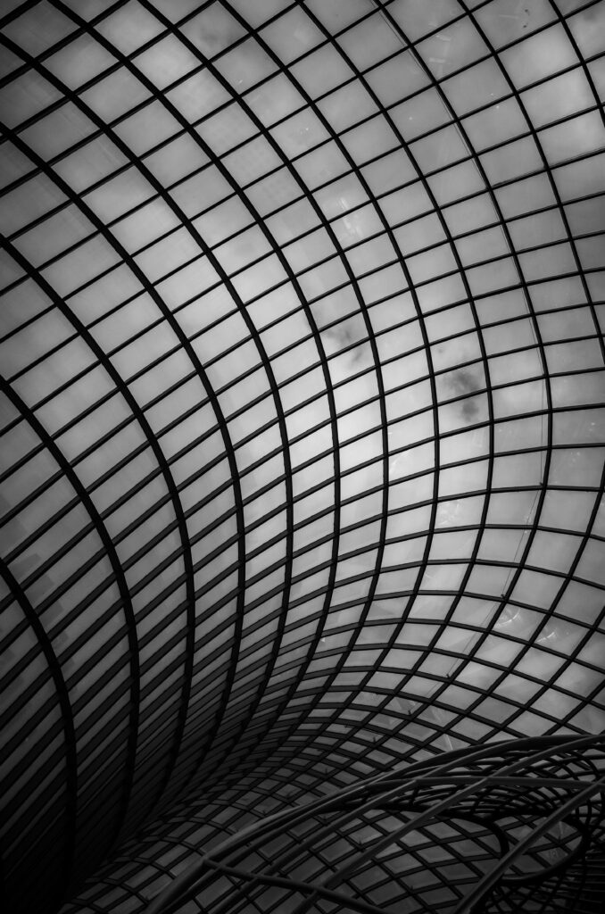 Curved geometric architecture in black and white, showcasing modern design.