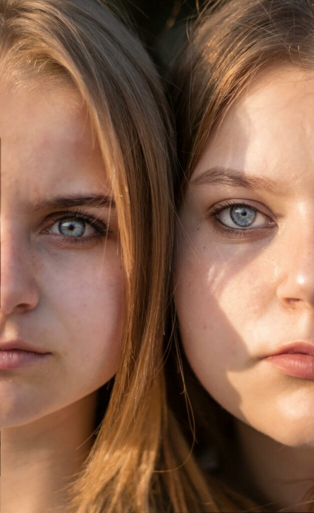 Intimate portrait of two young women with striking blue eyes in a close-up headshot.
