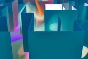 Vibrant abstract art featuring geometric maze shapes with colorful lighting effects.
