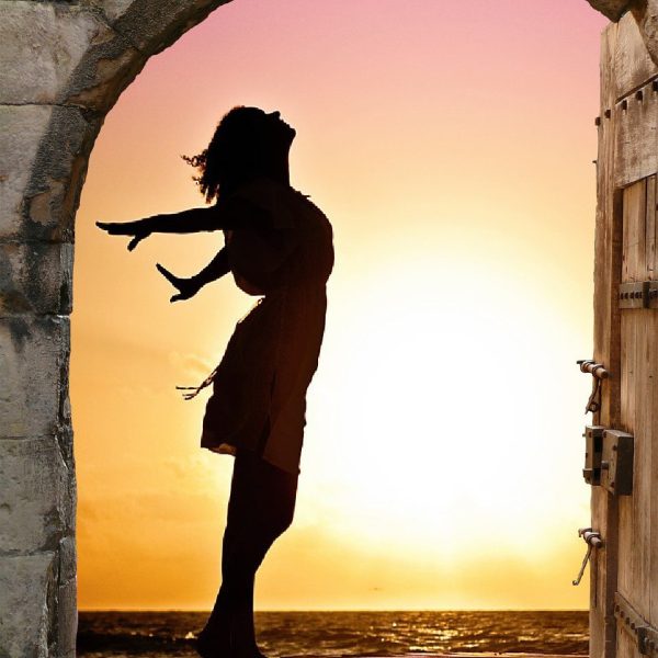 gate, door, freedom, pleasure, happiness, nature, heaven, wooden door, castle gate, wall, stone, sea, woman, girl, sunset, sunrise, silhouette