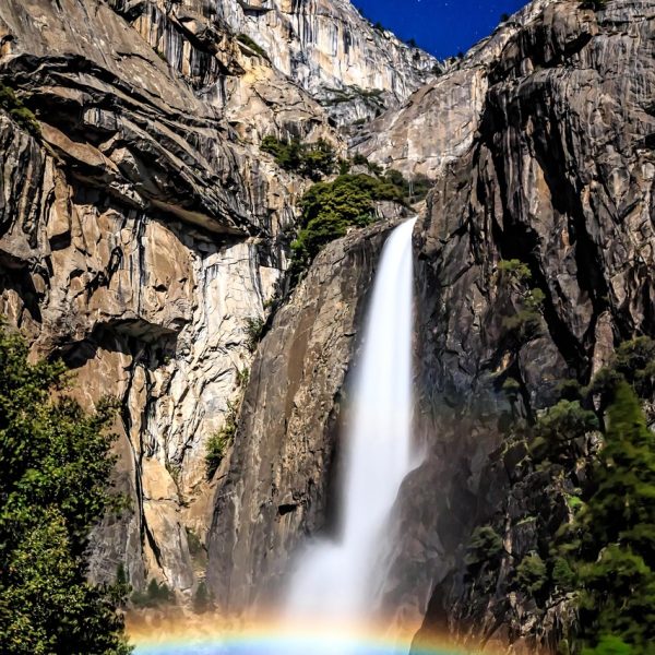 moonbow, waterfall, yosemite, landscape, night sky, scenic, rock, nature, sky, stars, long exposure, night, california, rainbow