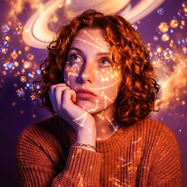 astrological chart, universe, cosmos, saturn, constellation, light projection, young woman, red-haired, curly, dora, astrology, horoscope, birth chart, zodiac, constellations, dreamers, cosmic, fantasy, science fiction