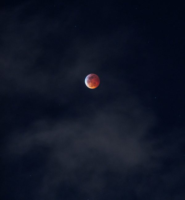 Stunning blood moon captured in a starry night sky with dark clouds.