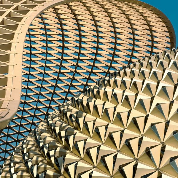 Stunning curved lattice structure of a modern building in Nanjing, China.